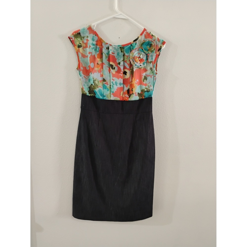 Dressbarn Floral Chiffon Denim Sheath Dress Blue Orange Watercolor Size 4 NWT